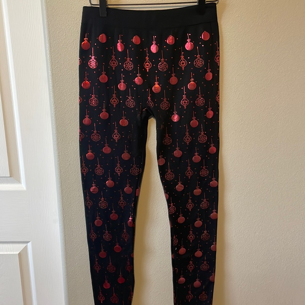 Black Christmas Leggings with metallic red ornament pattern